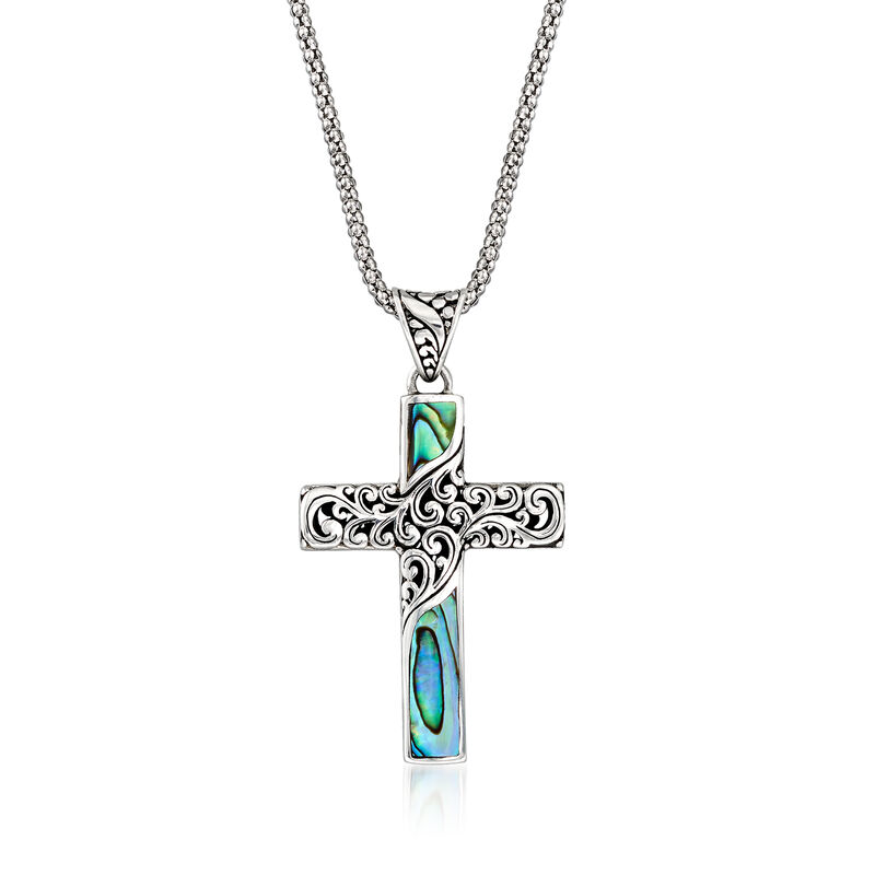 Abalone Shell Bali-Style Cross Pendant Necklace in Sterling Silver. 18&quot; image number 1