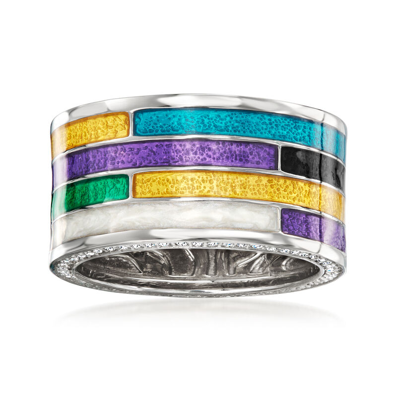Belle Etoile "Strata" Multicolored Enamel and .20 ct. t.w. CZ Ring in Sterling Silver image number 3