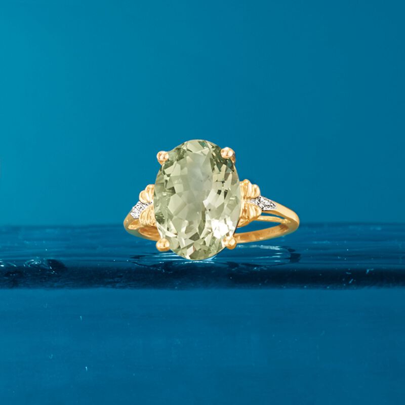 4.50 Carat Green Prasiolite Ring with Diamond Accents in 14kt Yellow Gold image number 4