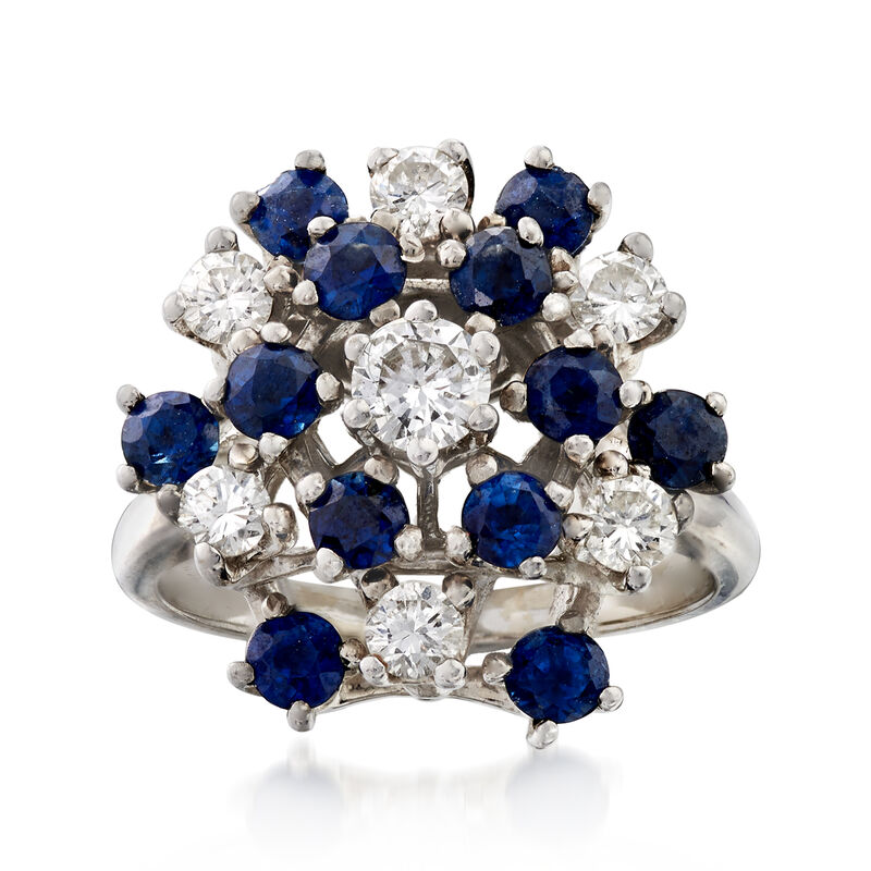 C. 1970 Vintage 1.30 ct. t.w. Sapphire and .75 ct. t.w. Diamond Cluster Ring in 14kt White Gold. Size 5.5 image number 0