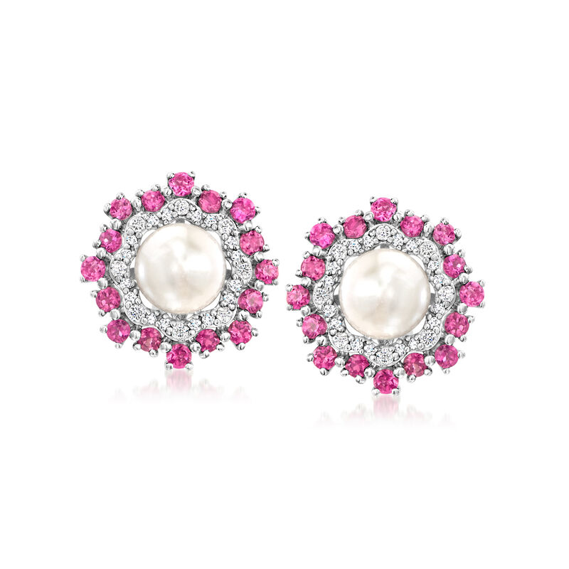 7-7.5mm Cultured Pearl and 1.10 ct. t.w. Pink Tourmaline Earrings with .33 ct. t.w. Diamonds in Sterling Silver  image number 0
