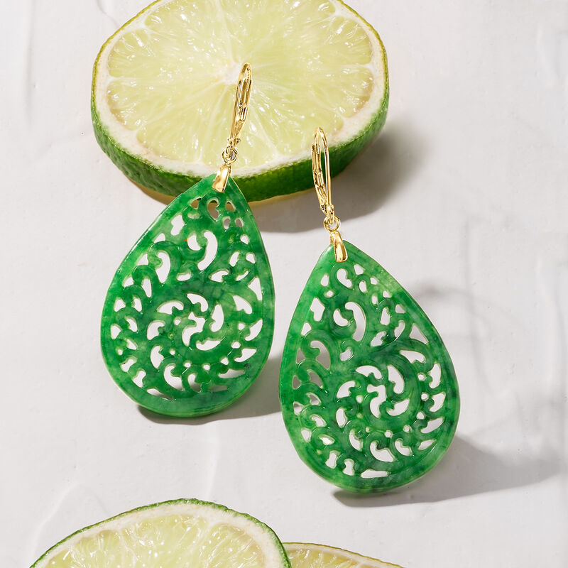 Carved Jade Teardrop Earrings in 18kt Gold Over Sterling  image number 3