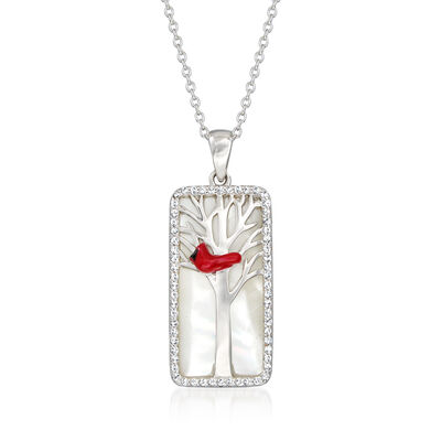Mother-of-Pearl and .30 ct. t.w. White Topaz Cardinal Pendant Necklace with Multicolored Enamel in Sterling Silver