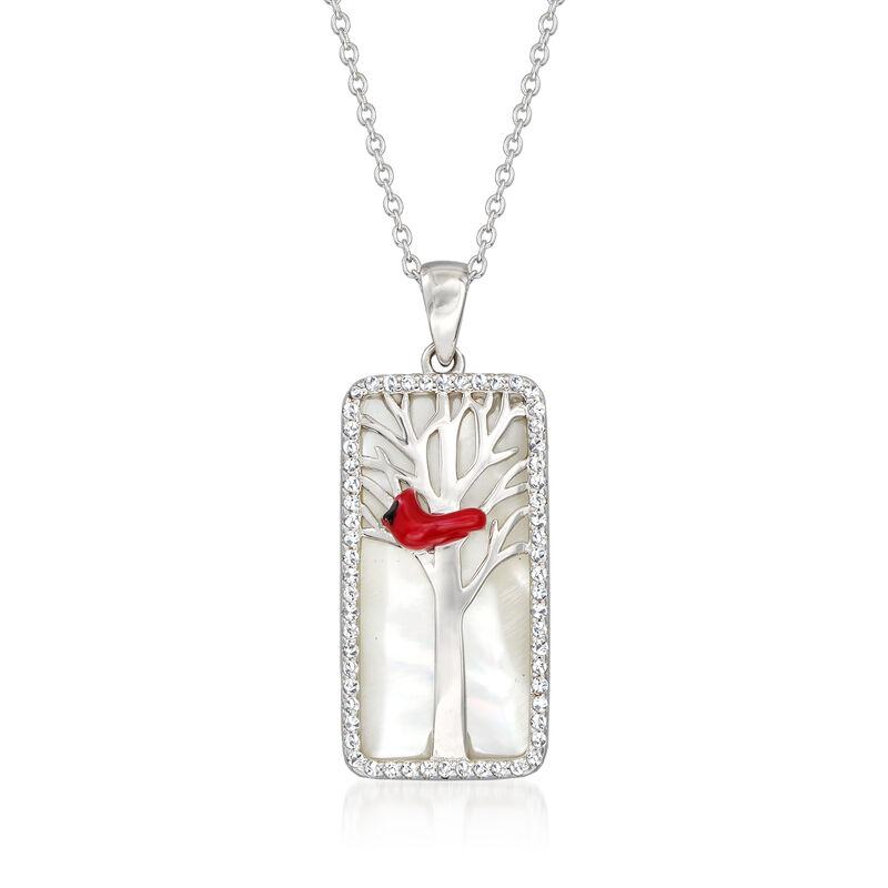 Mother-of-Pearl and .30 ct. t.w. White Topaz Cardinal Pendant Necklace with Multicolored Enamel in Sterling Silver image number 0