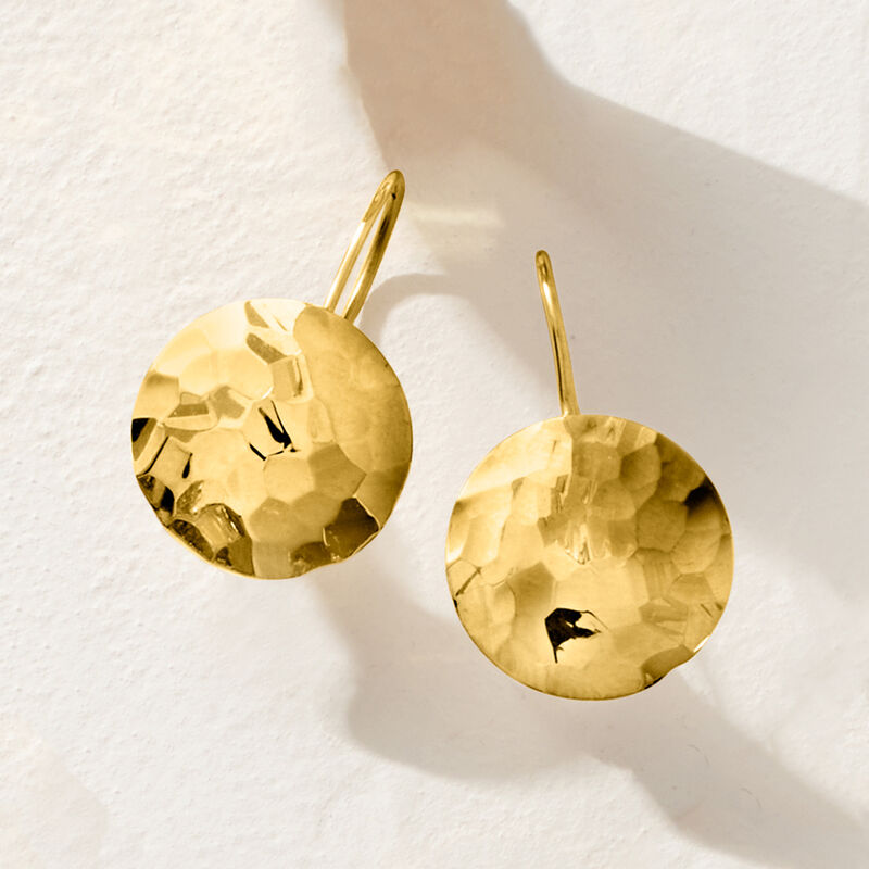 14kt Yellow Gold Hammered Disc Drop Earrings image number 5