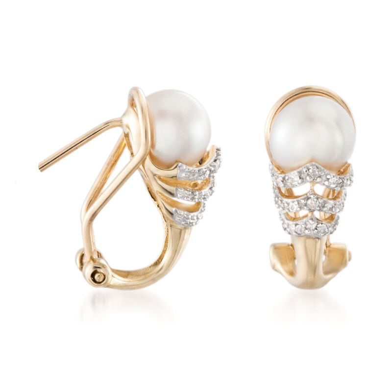 6.5-7mm Cultured Pearl Earrings with Diamond Accents in 14kt Yellow Gold image number 2