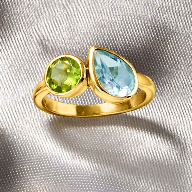 1.30 Carat Sky Blue Topaz and .60 Carat Peridot Toi et Moi Ring in 18kt Gold Over Sterling image number 3