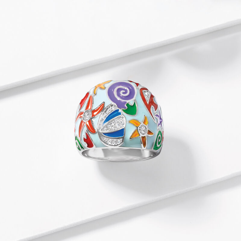 .10 ct. t.w. White Topaz and Multicolored Enamel Sea Life Ring in Sterling Silver image number 3