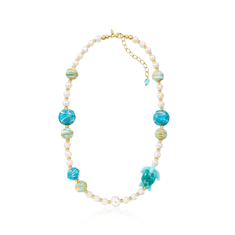 Italian Multicolored Murano Glass Turtle and Bead Necklace with 6-11mm Cultured Pearls in 18kt Gold Over Sterling. 18&quot; image number 2