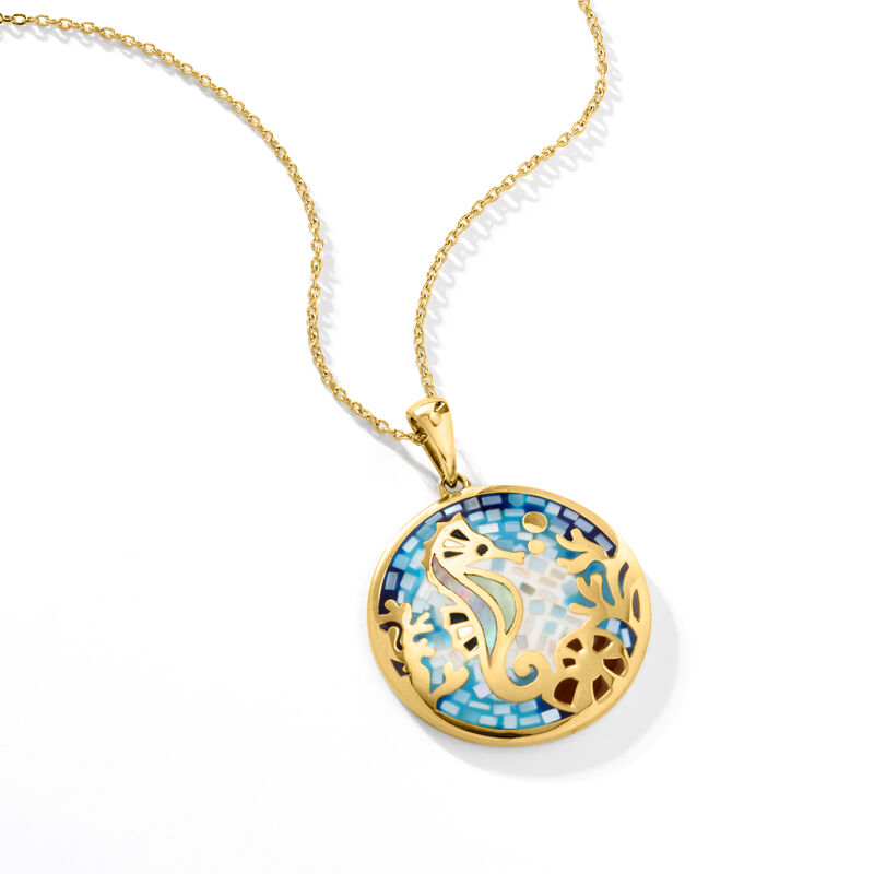 Multicolored Enamel and Mother-of-Pearl Seahorse Mosaic Pendant Necklace in 18kt Gold Over Sterling. 18&quot; image number 2