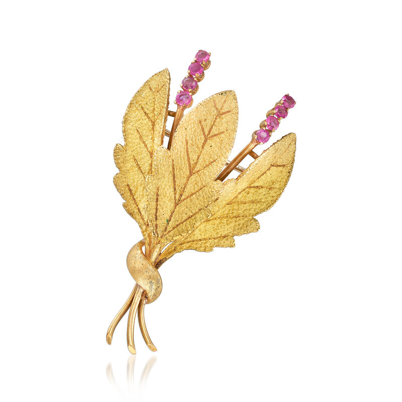 C. 1970 Vintage .65 ct. t.w. Ruby Leaf Pin in 18kt Yellow Gold image number 0