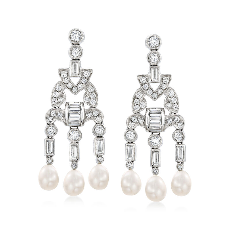 C. 1990 Vintage 2.15 ct. t.w. Diamond Drop Earrings with Cultured Pearls in Platinum  image number 0