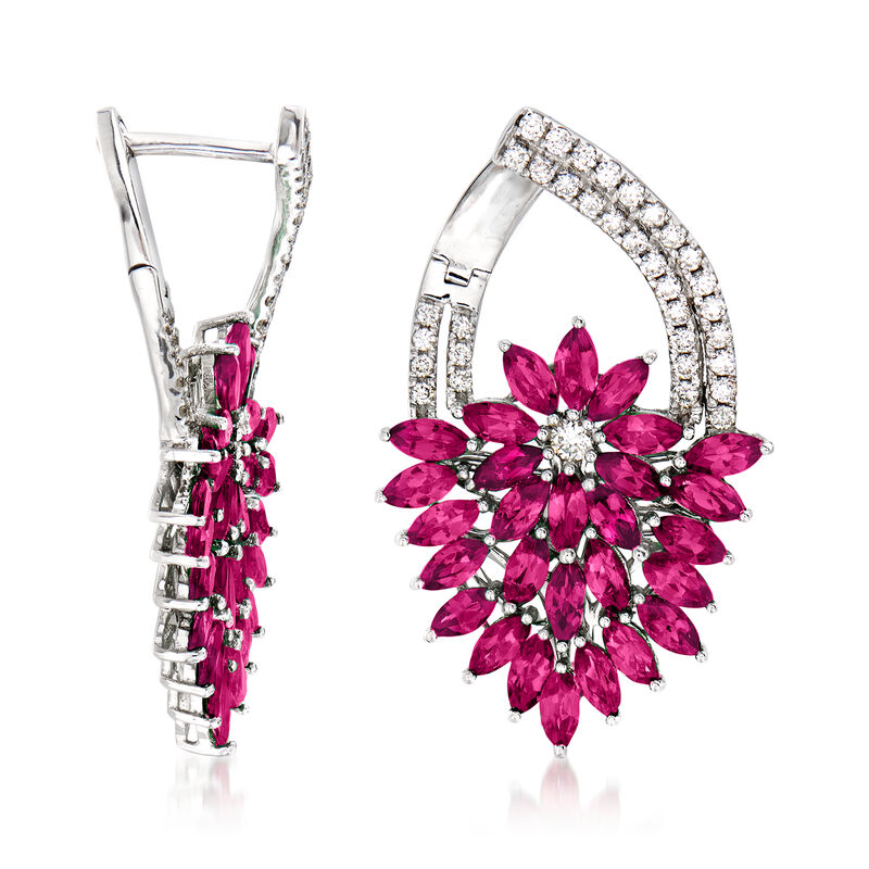 5.00 ct. t.w. Ruby and .62 ct. t.w. Diamond Floral Drop Earrings in 14kt White Gold image number 2