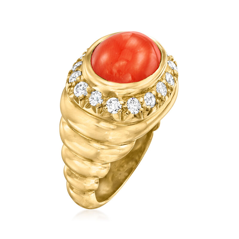 C. 1980 Vintage Red Coral Ring with .80 ct. t.w. Diamonds in 18kt Yellow Gold. Size 5.5 image number 2