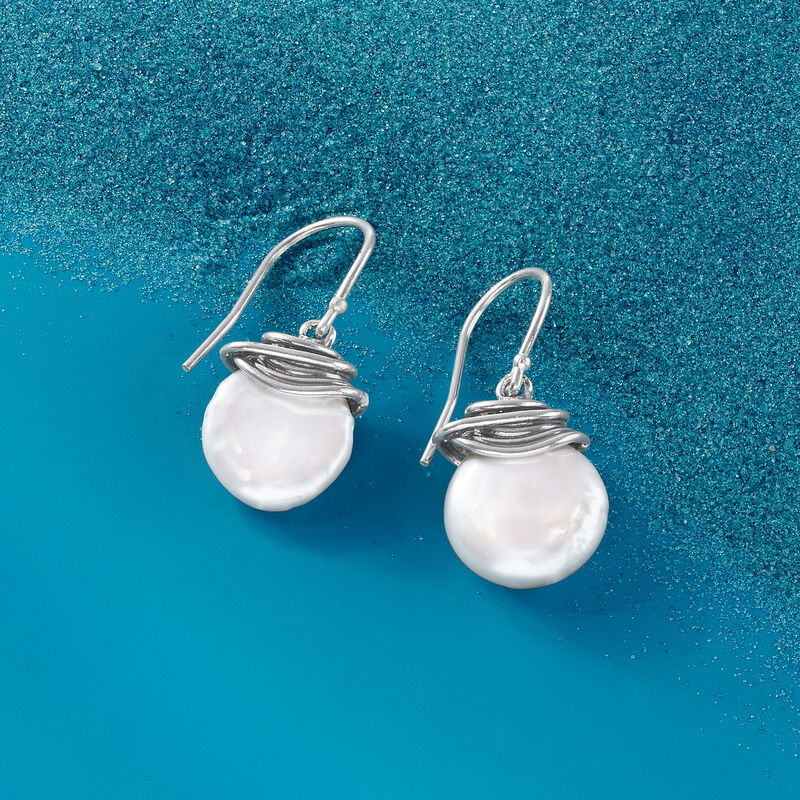 12-13mm Cultured Coin Pearl Drop Earrings in Sterling Silver image number 3