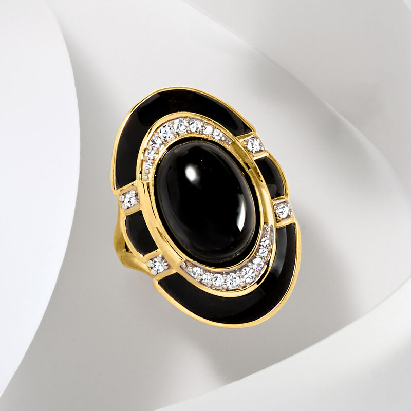 Black Onyx and .18 ct. t.w. Diamond Ring with Black Enamel in 18kt Gold Over Sterling image number 3