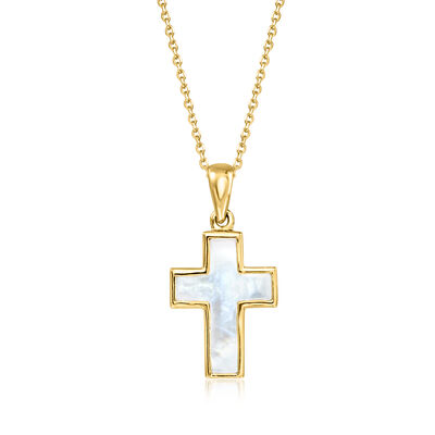 Italian Mother-of-Pearl Cross Pendant Necklace in 18kt Gold Over Sterling
