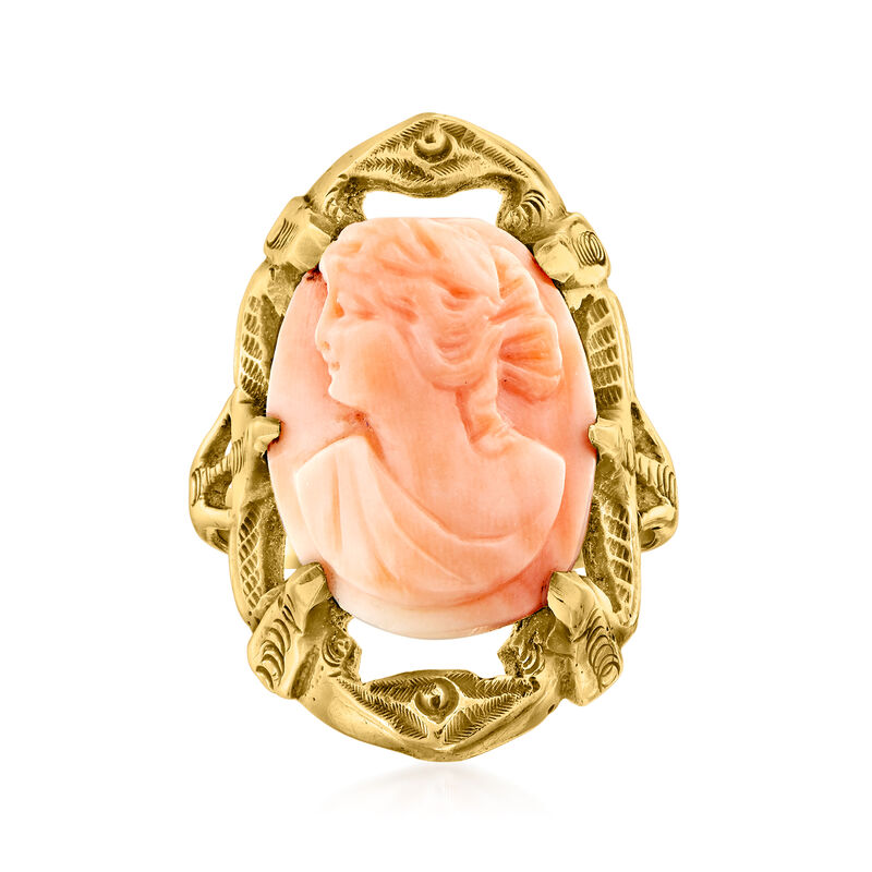 C. 1950 Vintage Pink Coral Cameo Ring in 10kt Yellow Gold image number 0