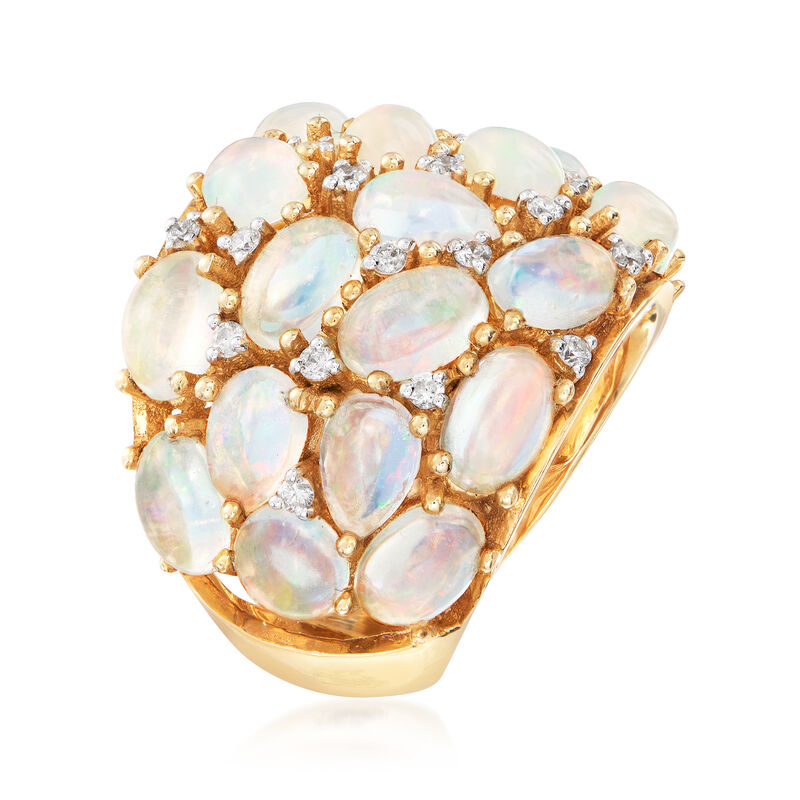 C. 1990 Vintage Opal and .30 ct. t.w. Diamond Cluster Ring in 14kt Yellow Gold image number 2