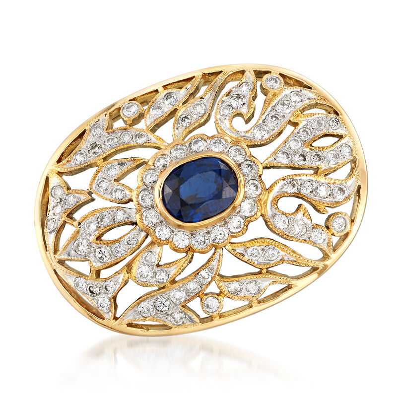 C. 1980 Vintage 1.40 Carat Sapphire and 1.05 ct. t.w. Diamond Pin Pendant in 18kt Yellow Gold image number 0