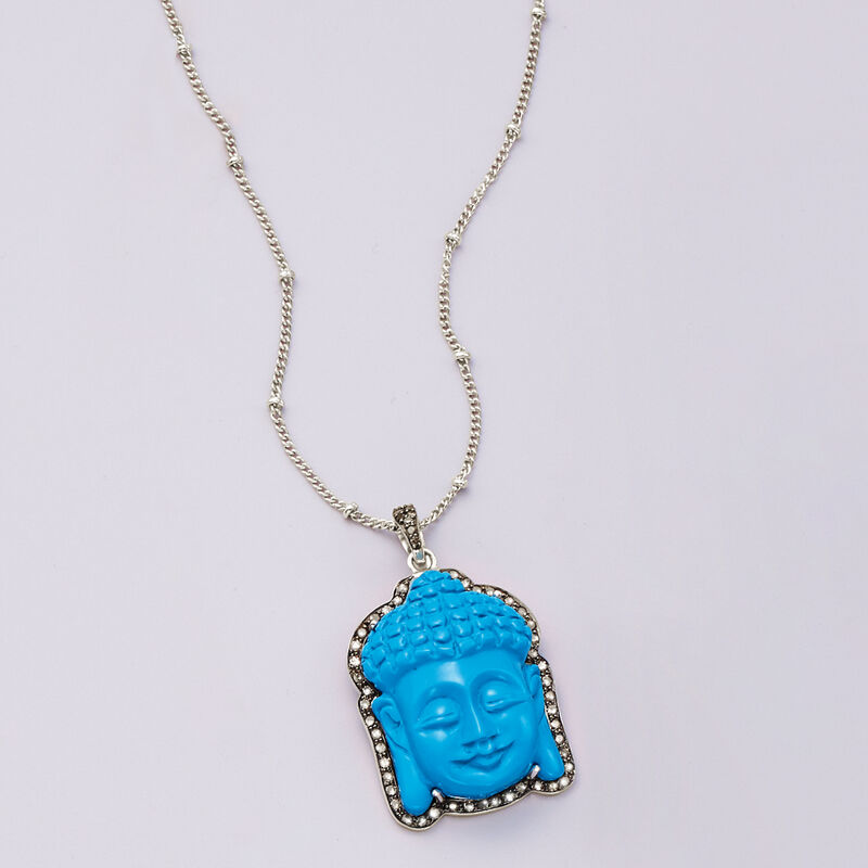 Synthetic Turquoise and .67 ct. t.w. Champagne Diamond Buddha Pendant Necklace in Sterling Silver. 18&quot; image number 2
