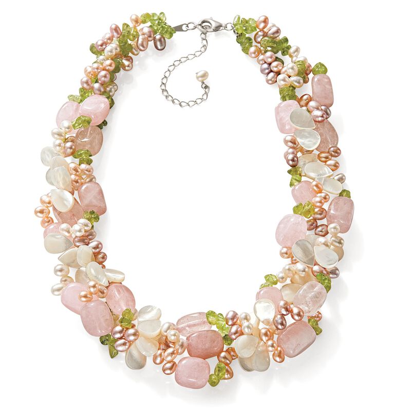 4-5mm Multicolored Cultured Pearl and Multi-Gemstone Torsade Necklace with Sterling Silver. 19&quot; image number 2
