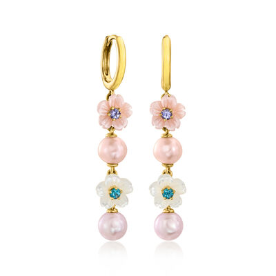Multicolored Mother-of-Pearl, 6-6.5mm Cultured Pearl and .20 ct. t.w. Multi-Gemstone Flower Drop Earrings in 18kt Gold Over Sterling Silver