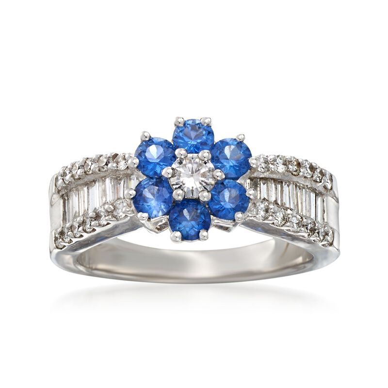 C. 2000 Vintage .95 ct. t.w. Diamond and .90 ct. t.w. Sapphire Flower Ring in 18kt White Gold. Size 6.5 image number 0