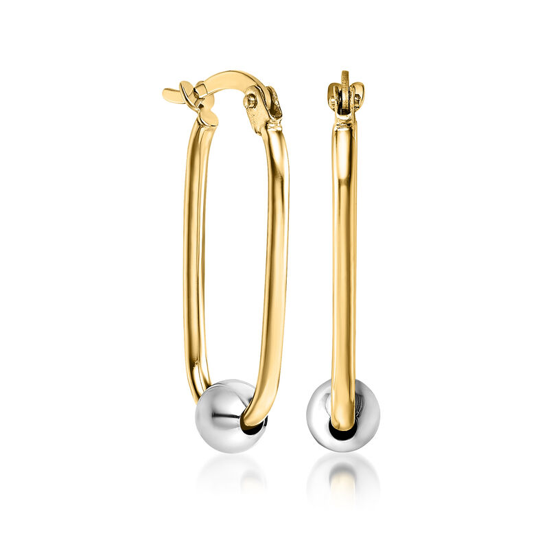 14kt Two-Tone Gold Bead Oval Hoop Earrings. 1&quot; image number 1