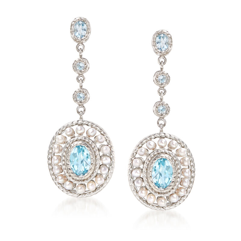 2mm Cultured Pearl and 2.60 ct. t.w. Blue Topaz Drop Earrings in Sterling Silver.  image number 0