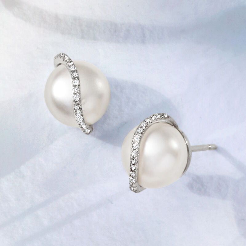 8-8.5mm Cultured Pearl and Diamond Swirl Earrings in Sterling Silver  image number 3
