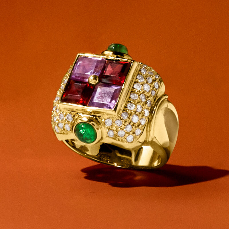 C. 1980 Vintage 2.66 ct. t.w. Multi-Gemstone and .74 ct. t.w. Diamond Ring in 18kt Yellow Gold. Size 6.5 image number 4