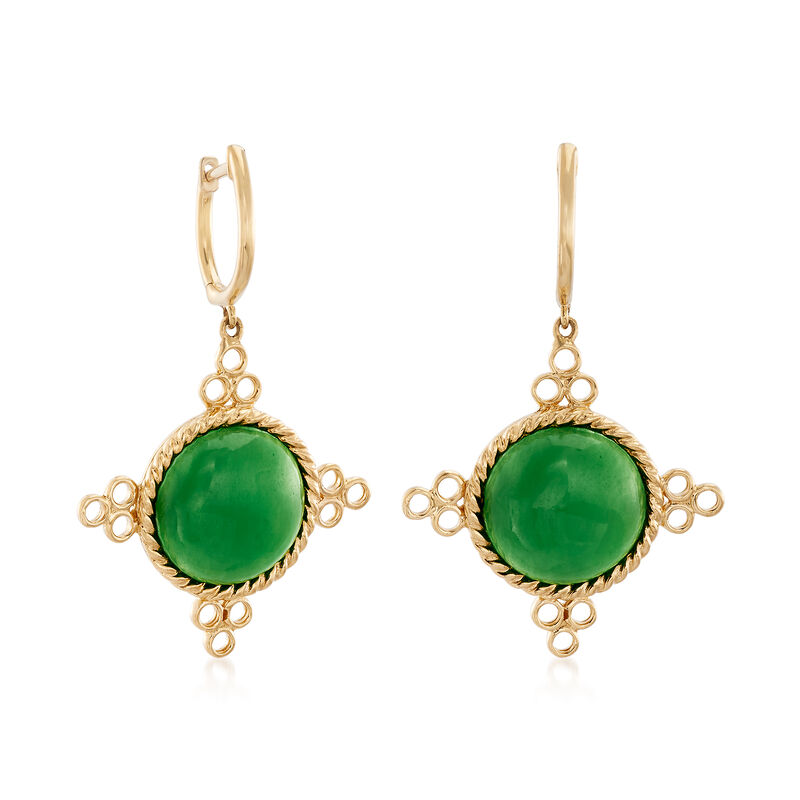 12mm Green Jade Drop Earrings in 14kt Yellow Gold image number 2
