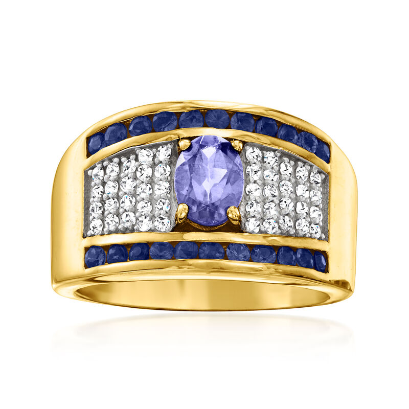 .80 Carat Tanzanite Ring with .60 ct. t.w. Sapphires and .40 ct. t.w. White Zircons in 18kt Gold Over Sterling image number 0