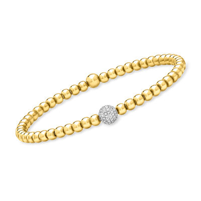4mm 18kt Gold Over Sterling Bead Stretch Bracelet with .10 ct. t.w. Lab-Grown Diamond Station in Sterling Silver
