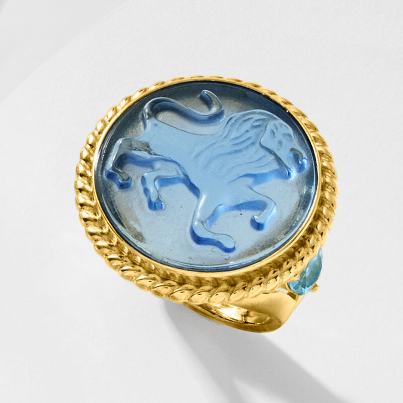 Italian Tagliamonte Blue Venetian Glass Lion Ring with 1.00 ct. t.w. Swiss Blue Topaz in 18kt Gold Over Sterling image number 3
