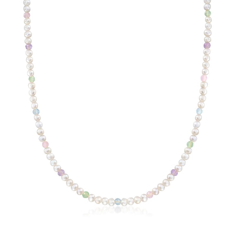 3.5mm Cultured Pearl and 3.40 ct. t.w. Multi-Gemstone Bead Necklace with 18kt Gold Over Sterling. 18" image number 1