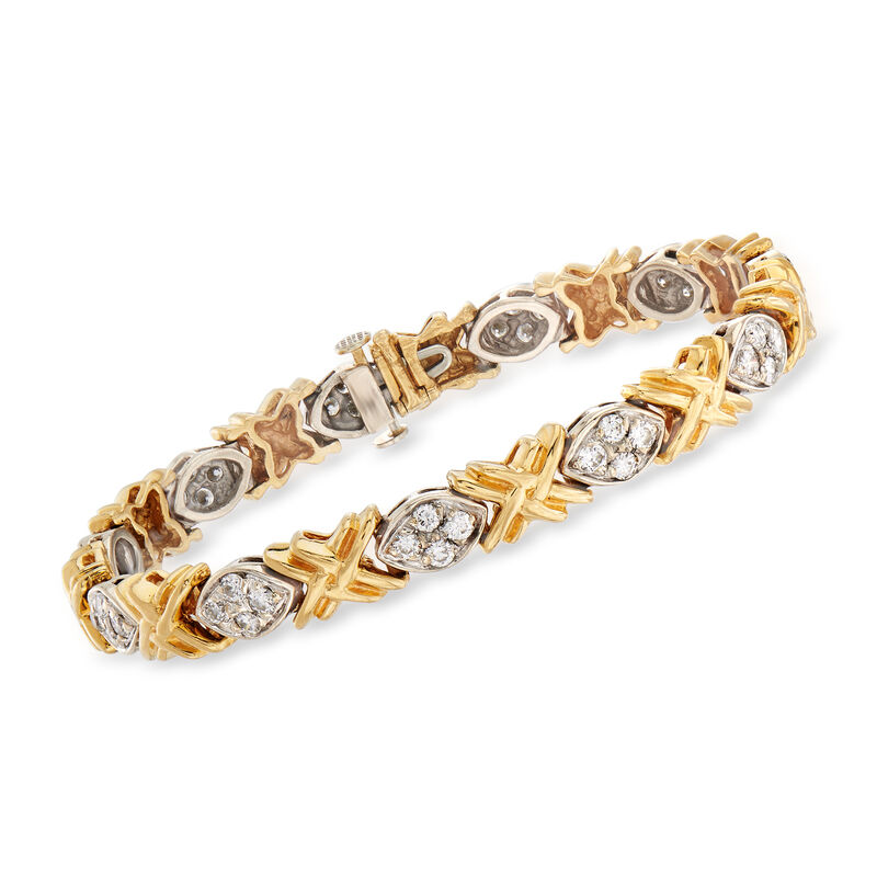 C. 1990 Vintage 2.20 ct. t.w. Diamond XO Bracelet in 14kt Two-Tone Gold. 6.75&quot; image number 0
