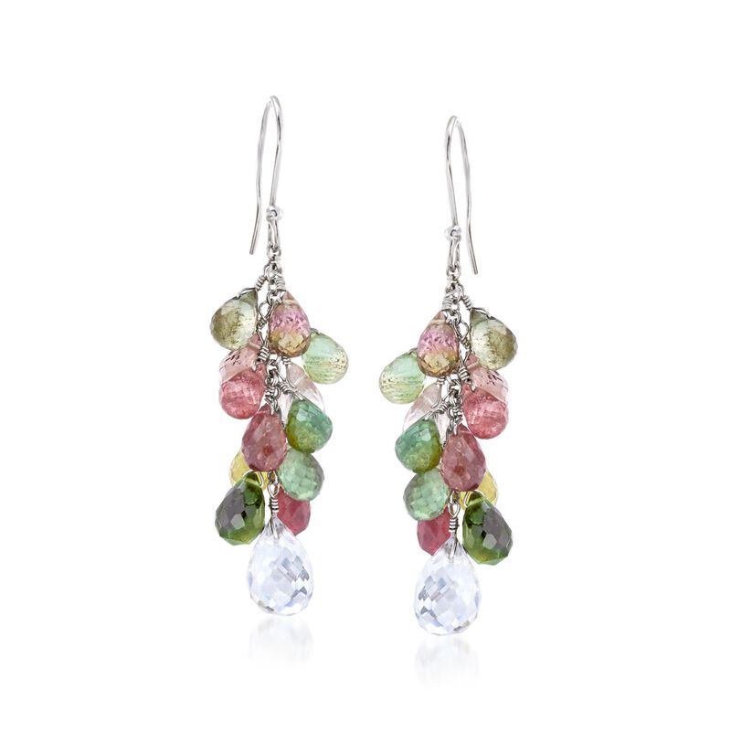 25.00 ct. t.w. Multicolored Tourmaline and 4.00 ct. t.w. Rock Crystal Drop Earrings in Sterling Silver image number 0