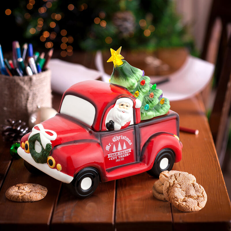 Mr. Christmas "Nostalgic" Red Ceramic Vintage Truck with Tree Cookie Jar image number 1