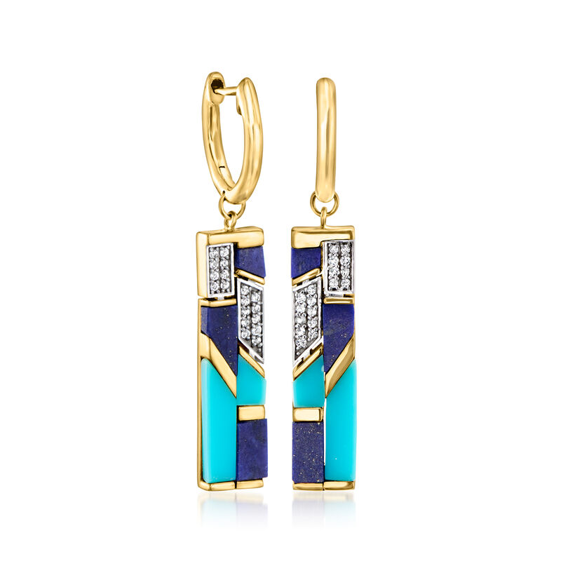 Turquoise and Lapis Drop Earrings with .10 ct. t.w. White Topaz in 18kt Gold Over Sterling  image number 0