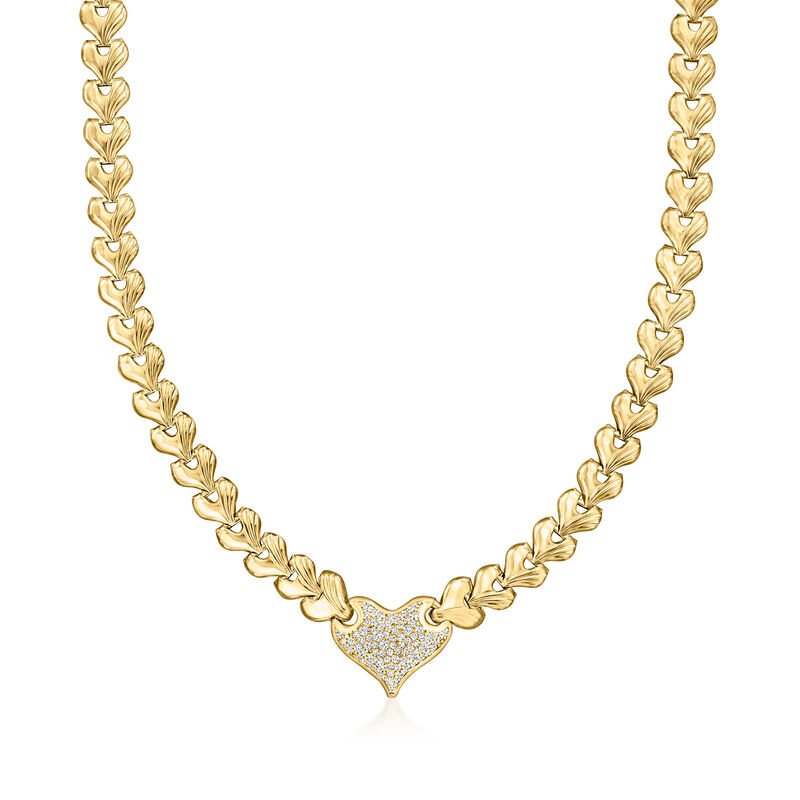 Italian .65 ct. t.w. Diamond Heart Link Necklace in 18kt Gold Over Sterling. 18"