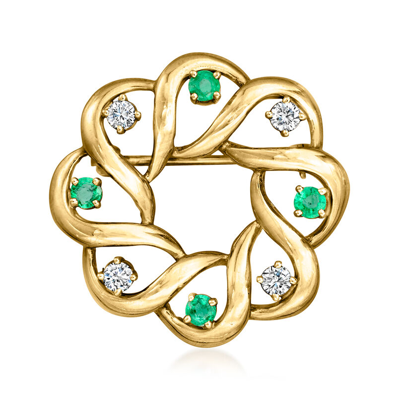 C. 1990 Vintage .25 ct. t.w. Emerald and .20 ct. t.w. Diamond Openwork Circle Pin in 14kt Yellow Gold  image number 0