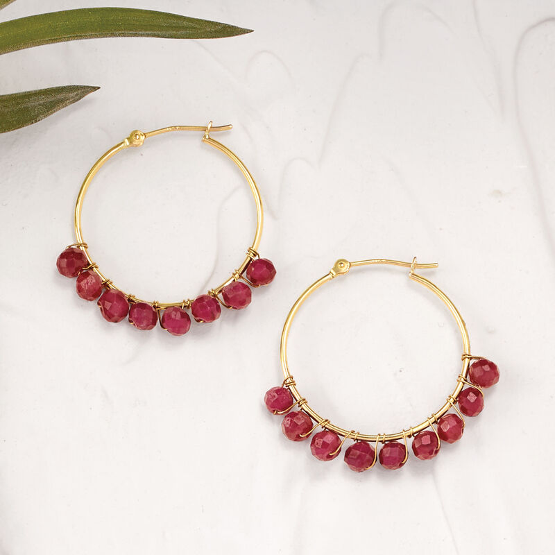 7.00 ct. t.w. Ruby Bead Hoop Earrings in 14kt Yellow Gold image number 2