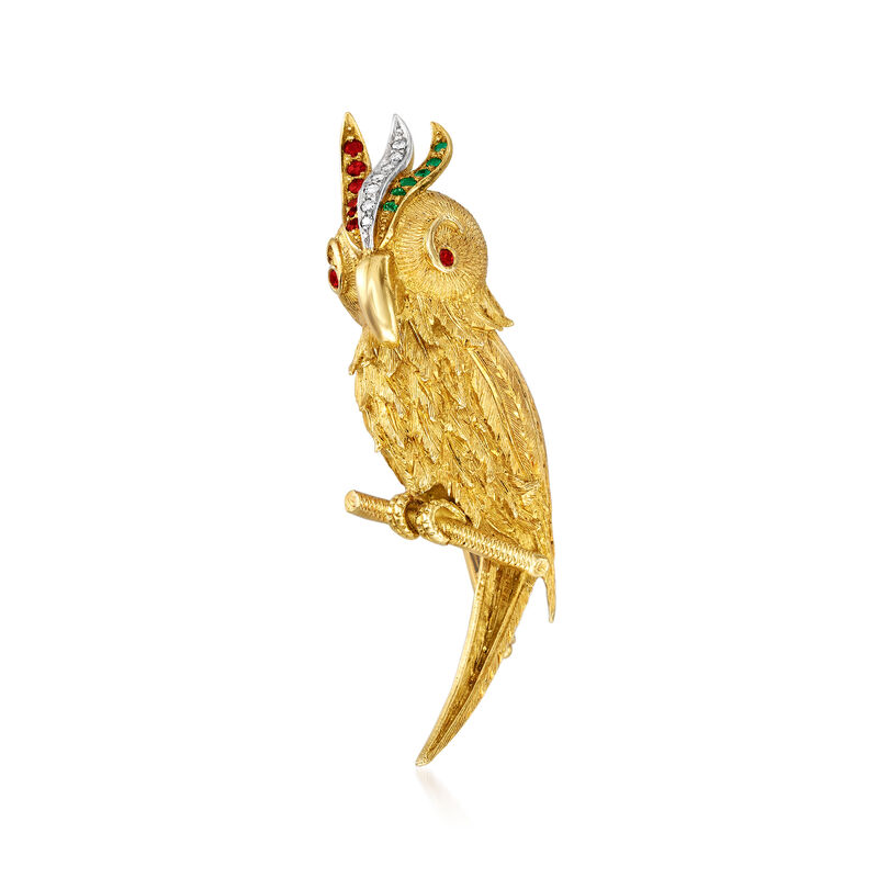 C. 1970 Vintage .15 ct. t.w. Ruby and .10 ct. t.w. Diamond Parrot Pin with Emerald Accents in 18kt Yellow Gold image number 0