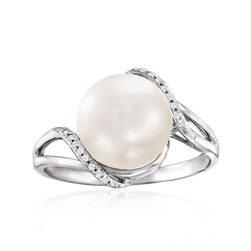 10-10.5mm Cultured Pearl Wave Ring with Diamonds in 14kt White Gold image number 0