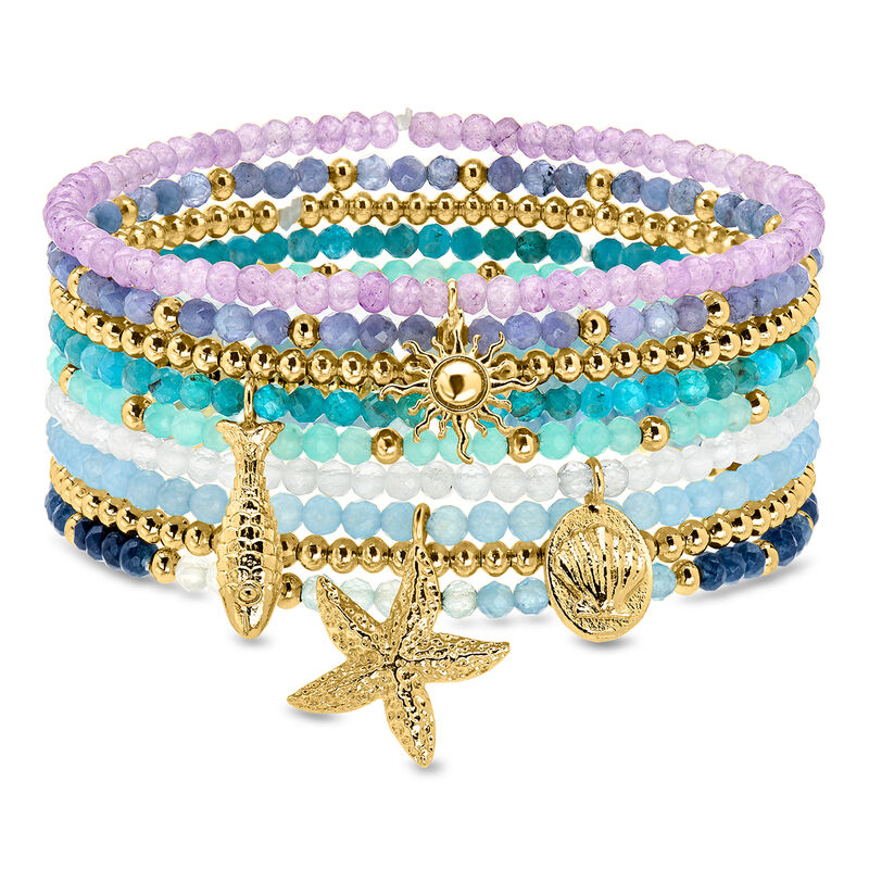 Multi-Gemstone and 14kt Yellow Gold-Plated Jewelry Set: Nine Bead Stretch Bracelets with Sea Life Charms image number 0