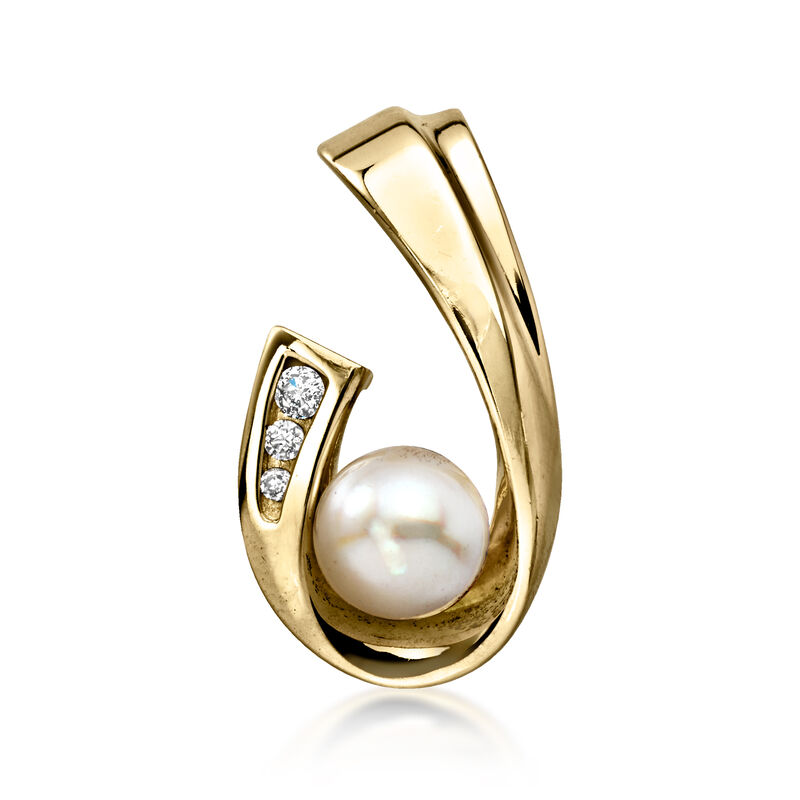 C. 1980 Vintage 6.5mm Cultured Pearl Curved Slide Pendant with Diamonds in 10kt Yellow Gold image number 0