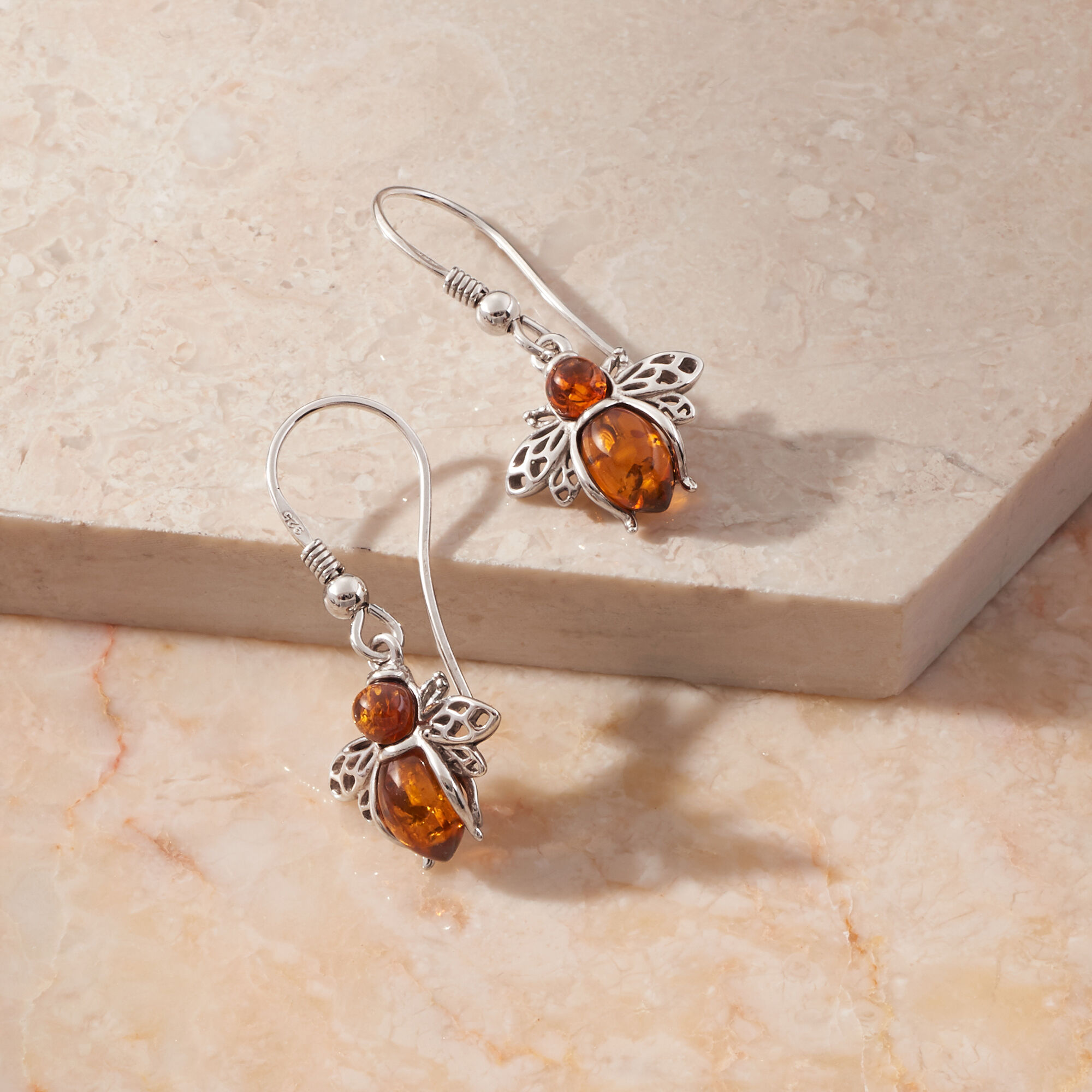 Ross Simons Amber Bumblebee Drop Earrings in Sterling Silver