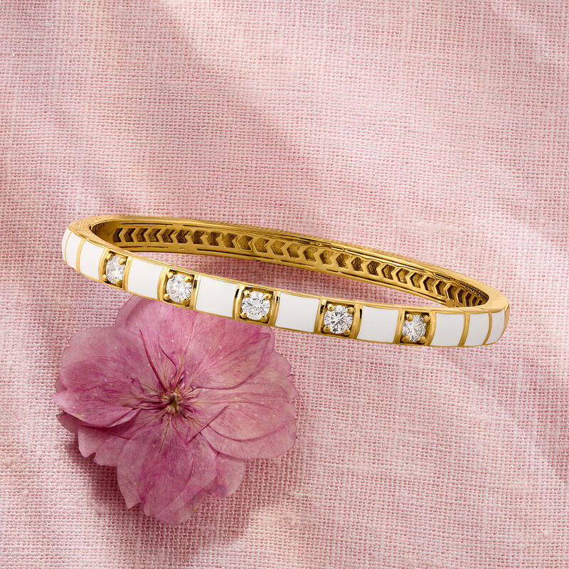 1.10 ct. t.w. Lab-Grown Diamond and White Enamel Bangle Bracelet in 18kt Gold Over Sterling image number 2